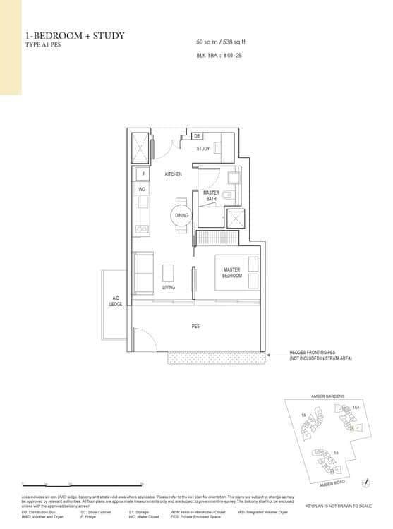 Amber Park Condo Floor Plan 1 Bedroom + Study A1 (PES)
