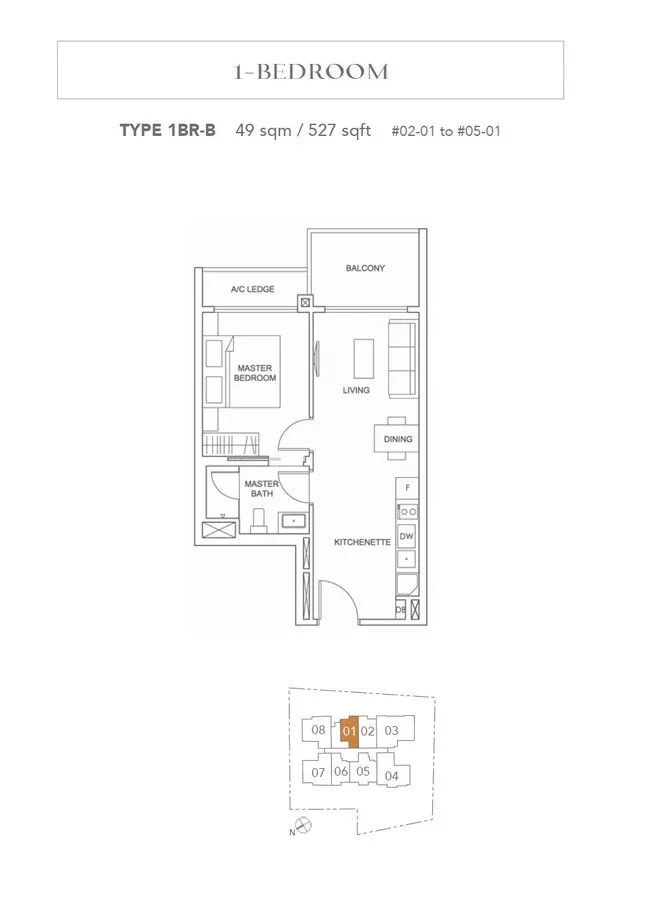 Jervois Treasures Condo Floor Plan 1 Bedroom 1BR B