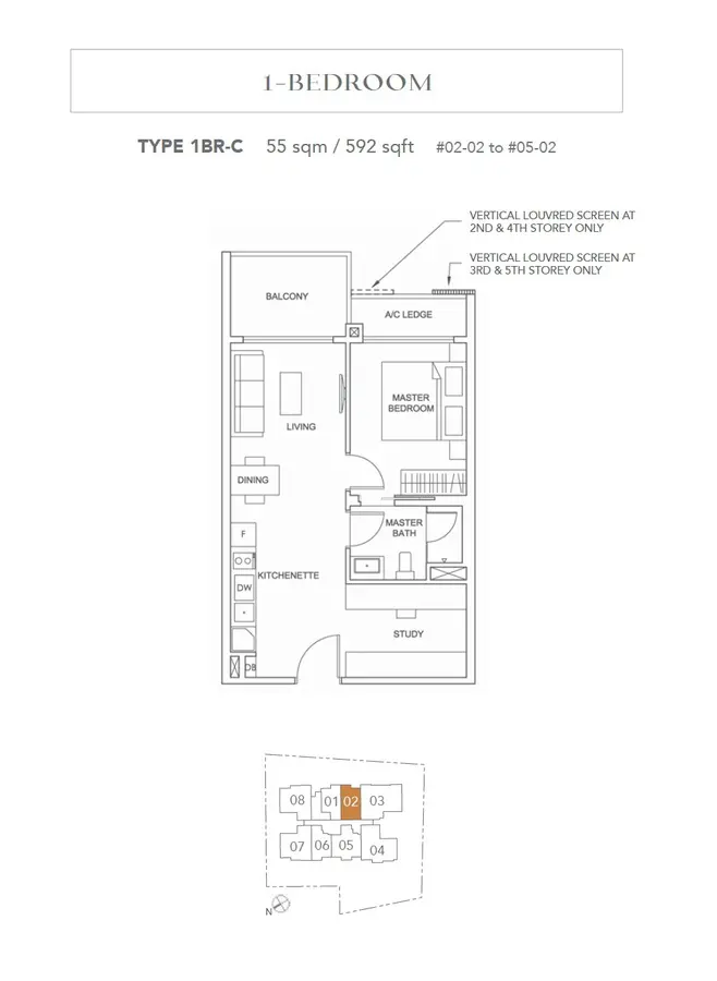Jervois Treasures Condo Floor Plan 1 Bedroom 1BR C