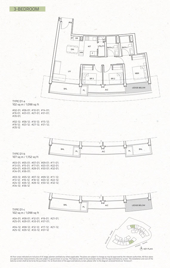One Pearl Bank - Floor Plan - 3 Bedroom D1-a, D1-b, D1-c
