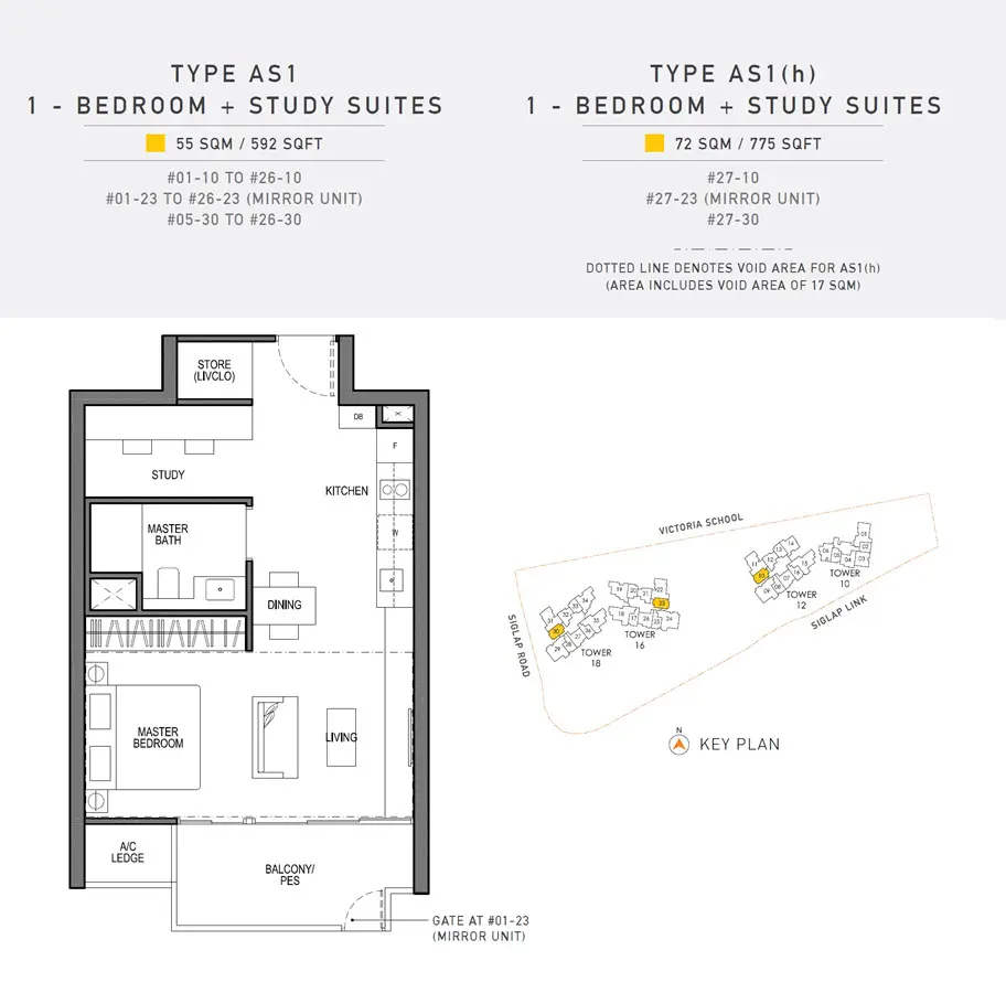 Seaside Residences - Floor Plan - 1 Bedroom + Study Suites AS1