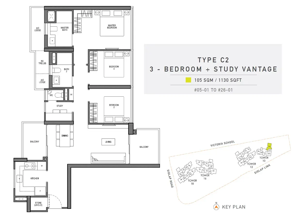 Seaside Residences - Floor Plan - 3 Bedroom + Study Vantage C2