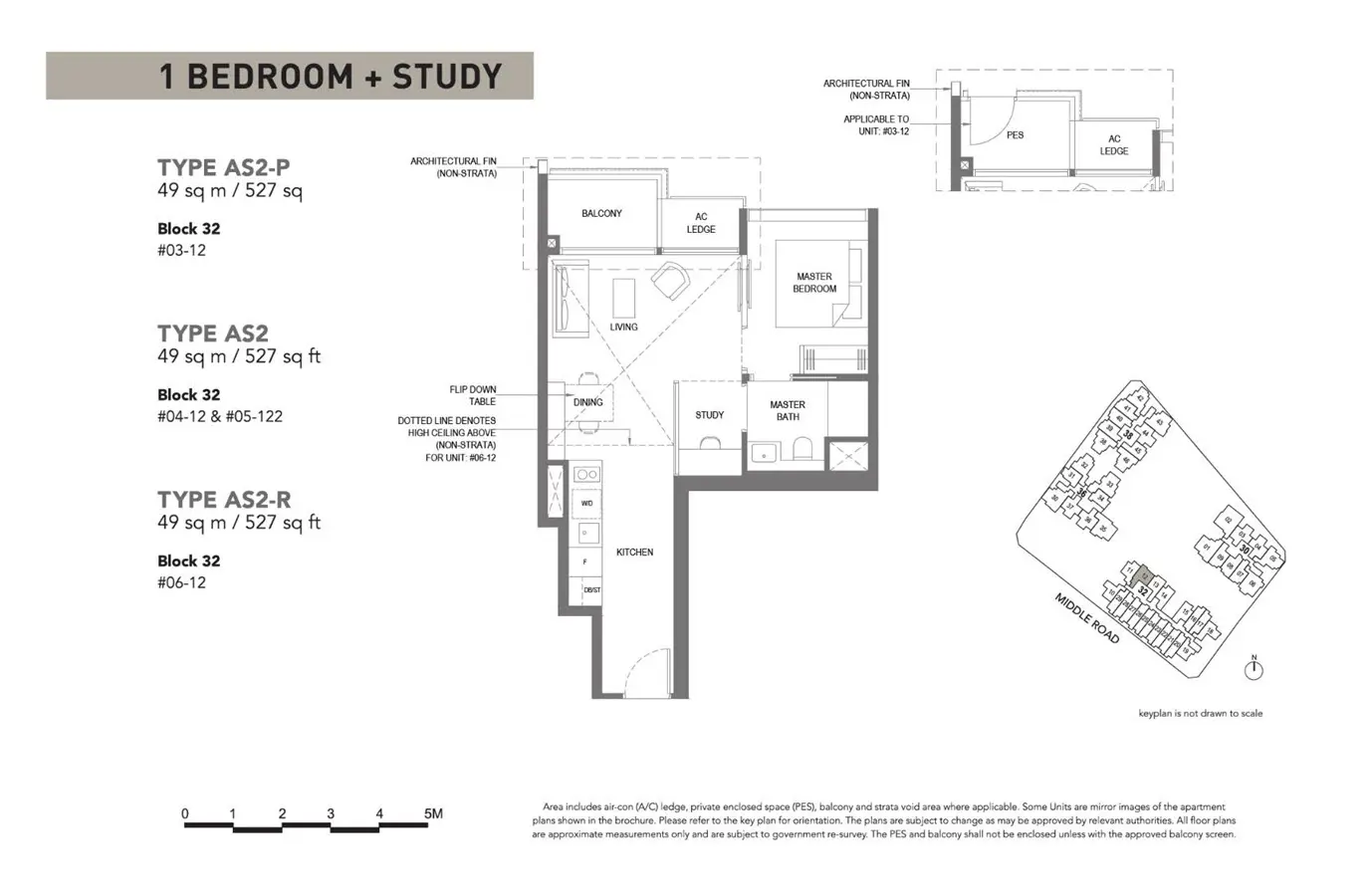 The M - Floor Plan - 1 Bedroom + Study AS2-P, AS2, AS2-R