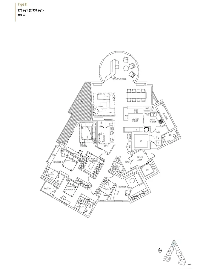 Bishopsgate Residences Condo Floor Plan - 4 Bedroom + Family Room D