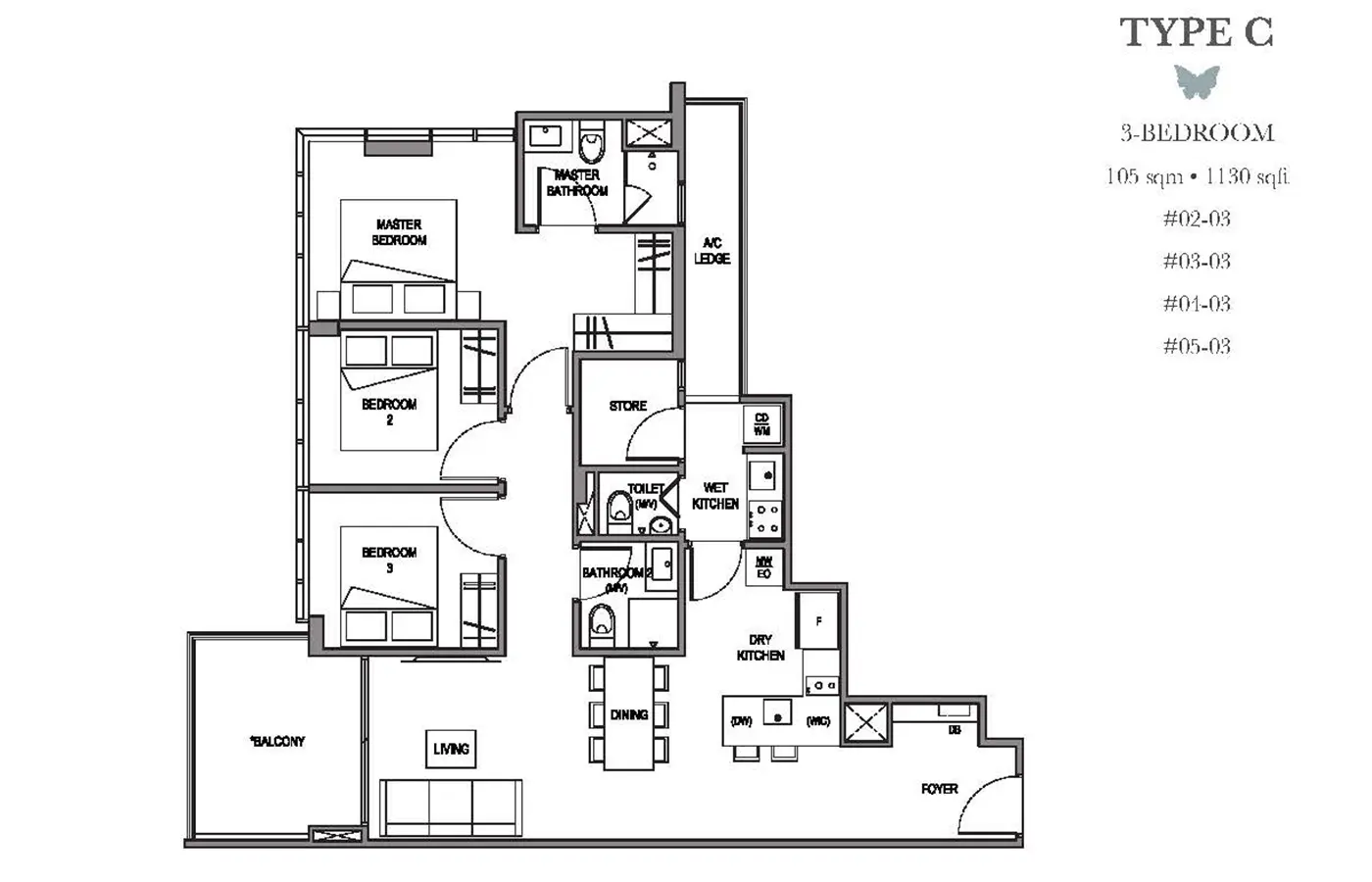 La Mariposa Condo Floor Plan - 3 Bedroom C