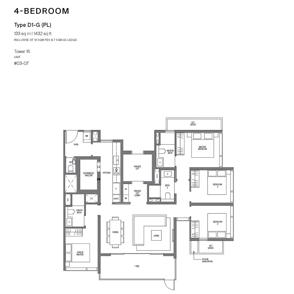 Midtown Modern Condo Floor Plan - 4 Bedroom D1G PL