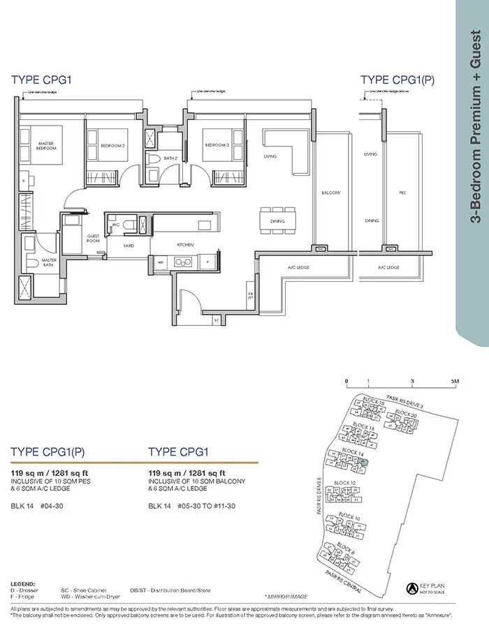 Pasir Ris 8 Condo Floor Plan - 3 Bedroom Premium + Guest CPG1