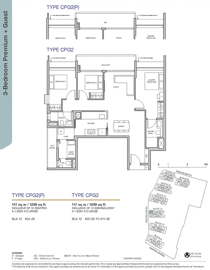 Pasir Ris 8 Condo Floor Plan - 3 Bedroom Premium + Guest CPG2